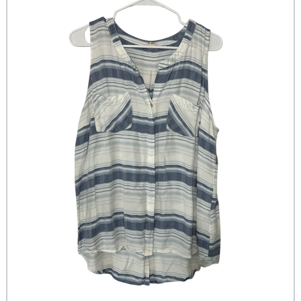 Cupio Light Weight Striped Sleeveless Pocketed Button Down Women’s Shirt XL